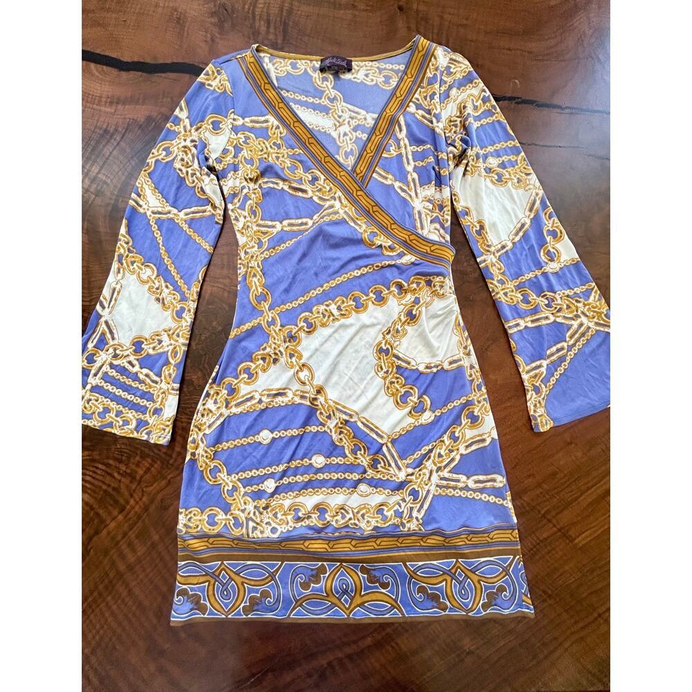 Hale Bob Vintage Y2K Silk Jersey Italian Chain Retro Faux Wrap Mini Dress S
